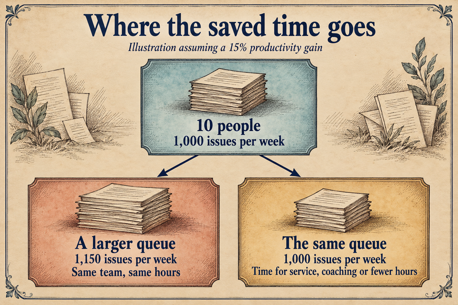 Diagram titled “Where the saved time goes,” subtitled “Illustration assuming a 15% productivity gain.” An input box says “10 people; 1,000 issues per week.” Two arrows lead to alternatives: “A larger queue; 1,150 issues per week; Same team, same hours” and “The same queue; 1,000 issues per week; Time for service, coaching or fewer hours.” The equally sized boxes are alternative demand scenarios, not measured staffing outcomes; released time is available only in the same-queue branch.