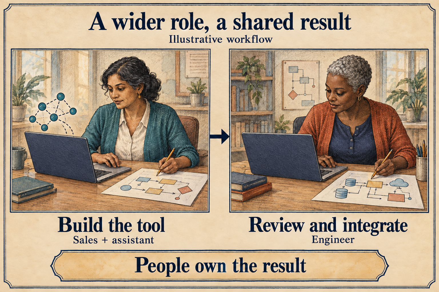 Two panels show a sales representative building a tool with an assistant, then an engineer reviewing and integrating it. Title: “A wider role, a shared result.” Subtitle: “Illustrative workflow.” Labels: “Build the tool”; “Sales + assistant”; “Review and integrate”; “Engineer.” The shared footer says “People own the result.” An arrow connects their work across both panels; both people remain responsible for the result. The laptop screens face their users, with opaque backs toward the viewer.