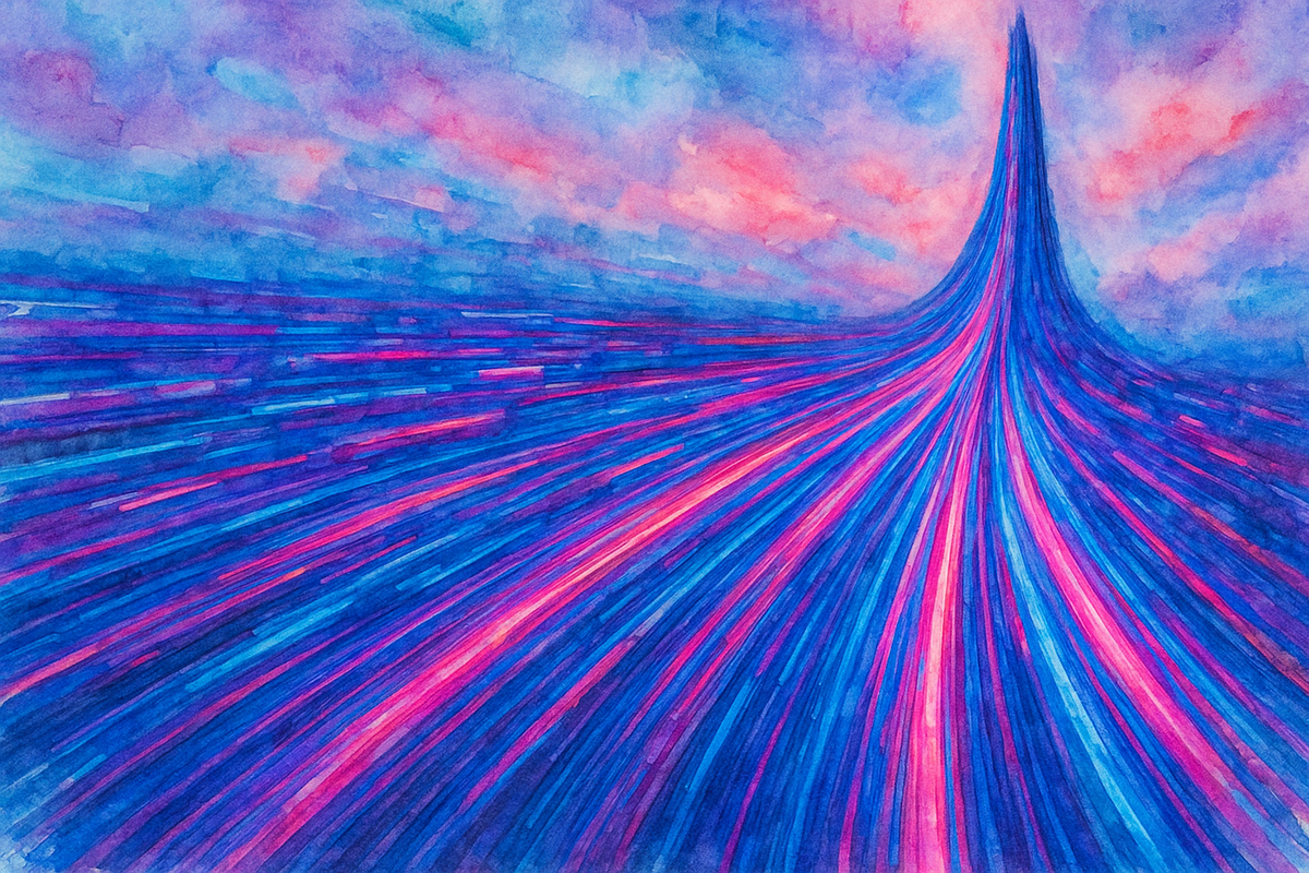 Watercolor illustration of vibrant, neon-colored lines converging into a towering peak, evoking motion and digital energy under a dreamy, cyberpunk sky.