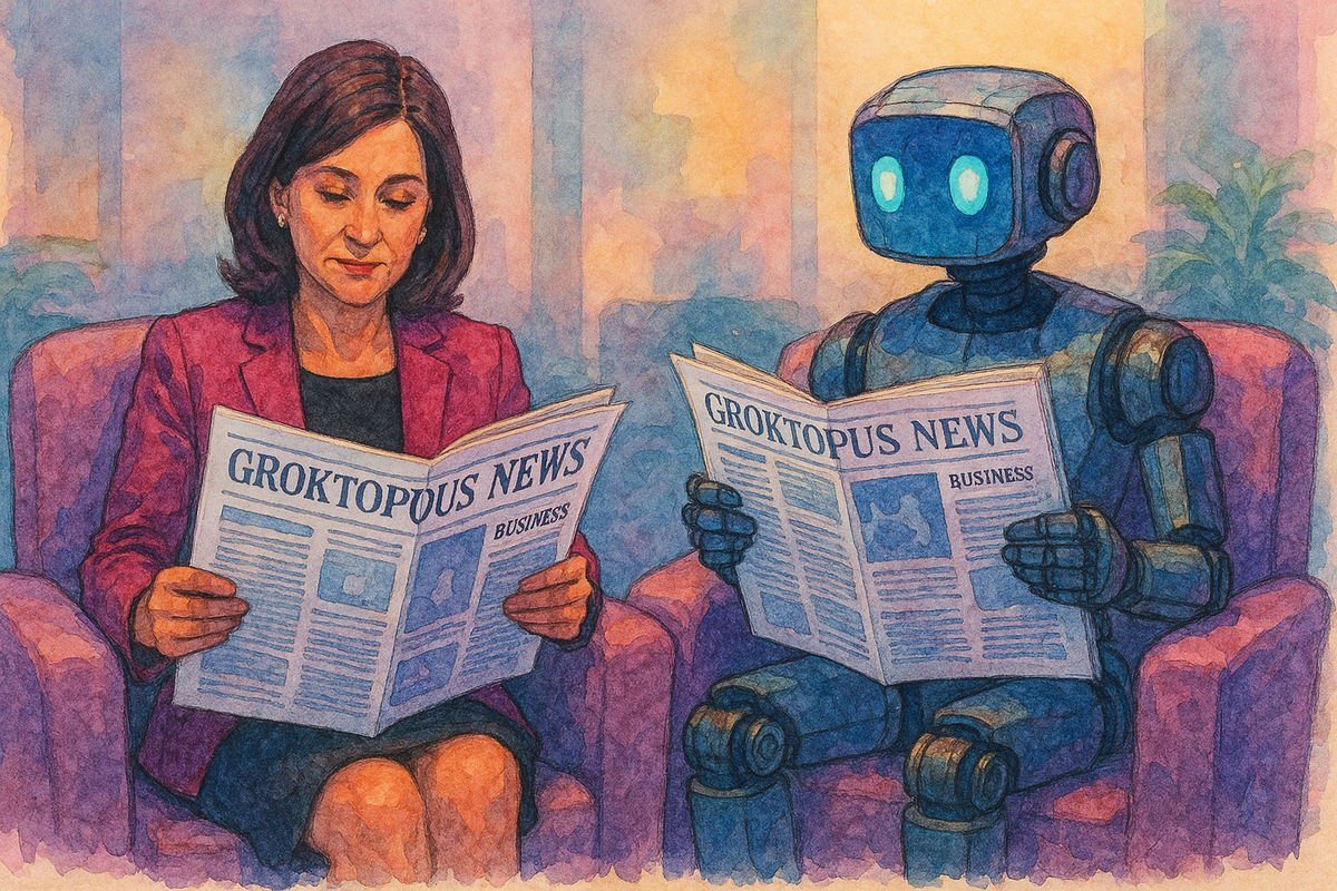 A professional woman and an AI executive sit in plush lounge chairs, each reading a copy of “Groktopus News” in a calm business setting, illustrated in cyberpunk watercolor tones.