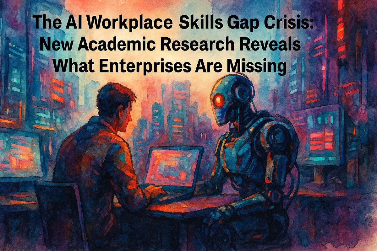 Watercolor cyberpunk scene of a human and humanoid AI sitting at a desk, collaborating on laptops, with glowing cityscape and data screens in the vibrant background.