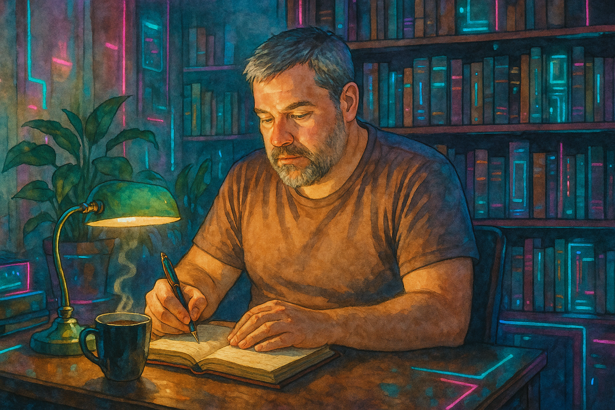 A middle-aged man with a salt-and-pepper beard writes in a journal by lamplight at a cozy, book-lined desk, with a hot cup of coffee nearby and a soft cyberpunk glow in the room.