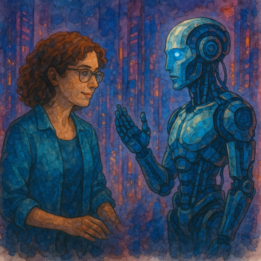 A watercolor illustration of a woman and a humanoid robot facing each other in a neon-lit cyberpunk cityscape, appearing engaged in thoughtful, collaborative conversation.