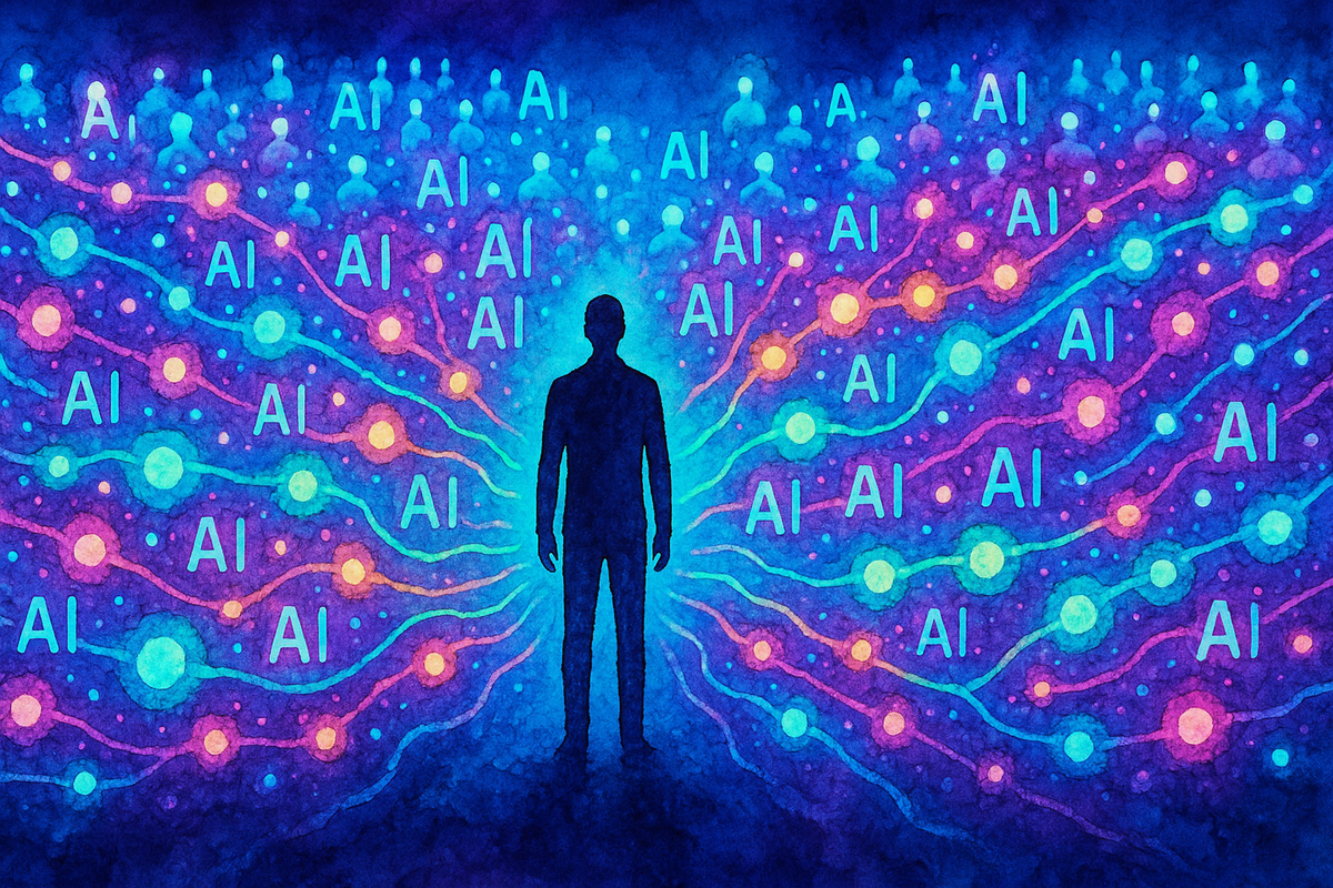 A watercolor-style digital painting shows a human silhouette standing at the center of a glowing AI network, with neon data streams and nodes radiating outward in all directions.