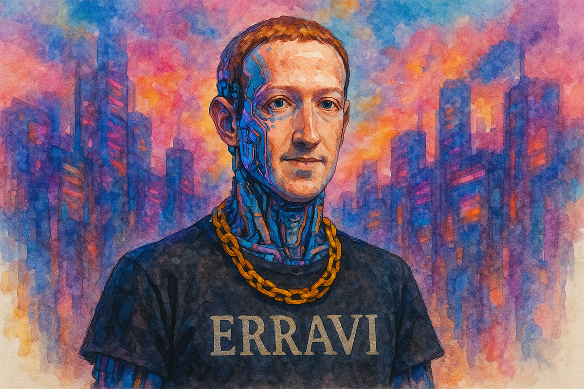 A cyberpunk-style watercolor painting of a cyborg resembling Mark Zuckerberg wearing a gold chain and a shirt with the word “ERRAVI,” set against a neon-lit city in landscape format.