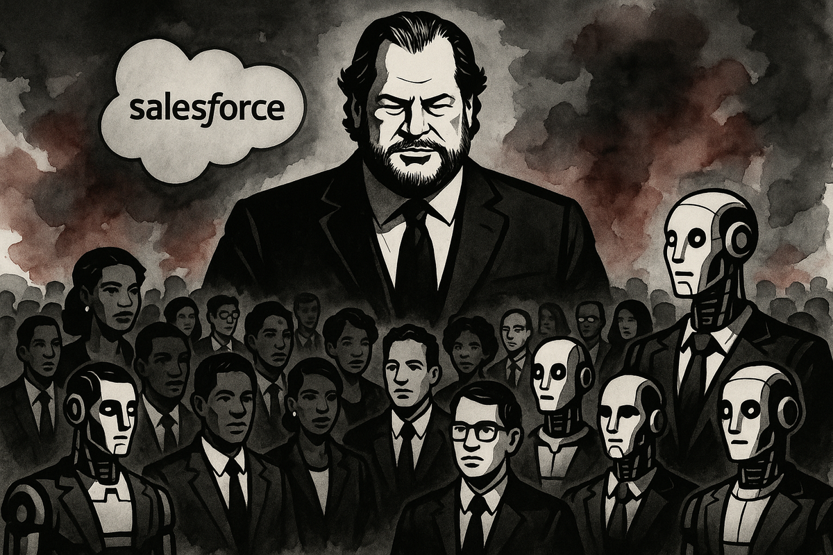Marc Benioff presides over a crowd split evenly between diverse human workers and humanoid AI agents, in a stylized vector noir and watercolor scene.