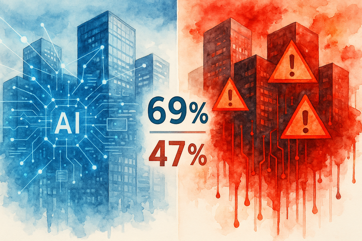 Watercolor image split in half: left side shows blue-toned smart buildings with glowing AI circuits and “69%”; right side shows red buildings leaking data with warning signs and “47%” below.