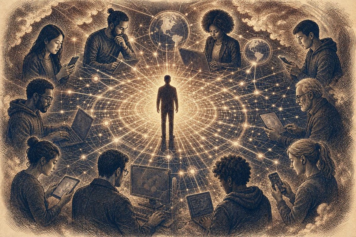 Vintage steel engraving of a human silhouette at the center of an AI network with radiating connection nodes.