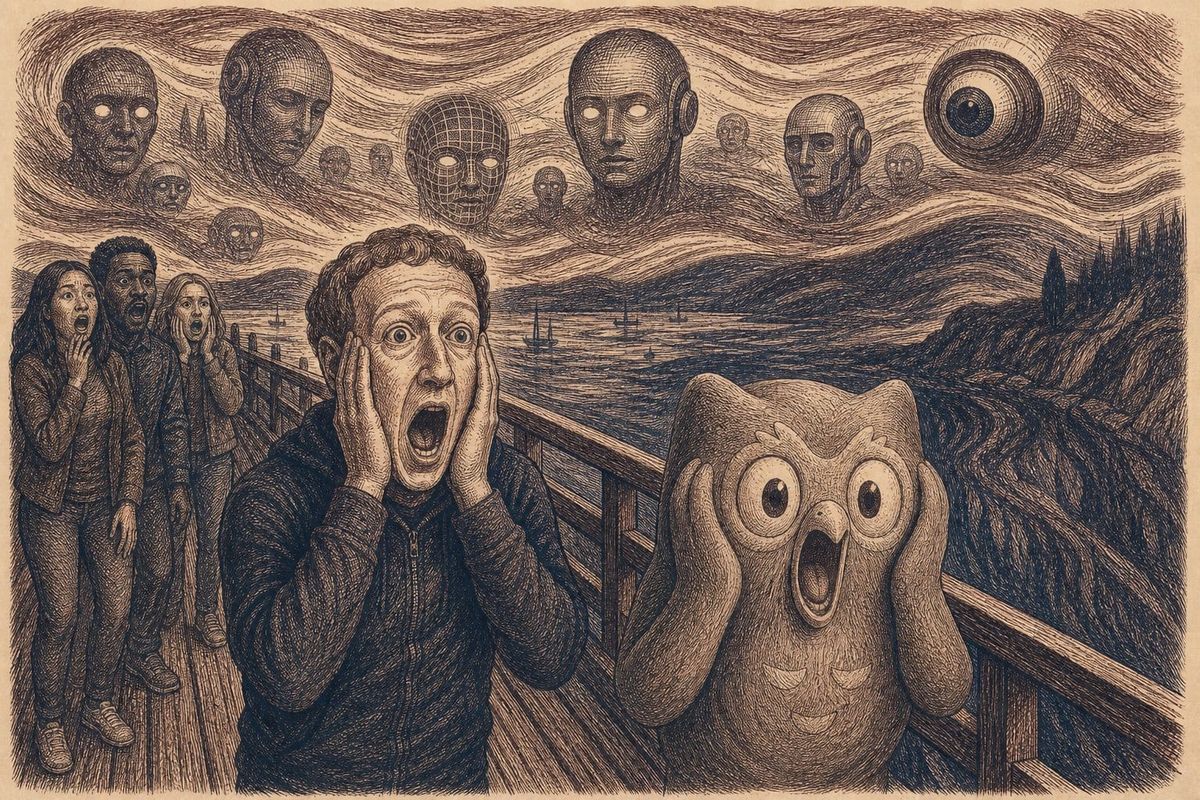 Vintage steel engraving of Mark Zuckerberg and the Duolingo owl screaming on a bridge with eerie AI watchers.