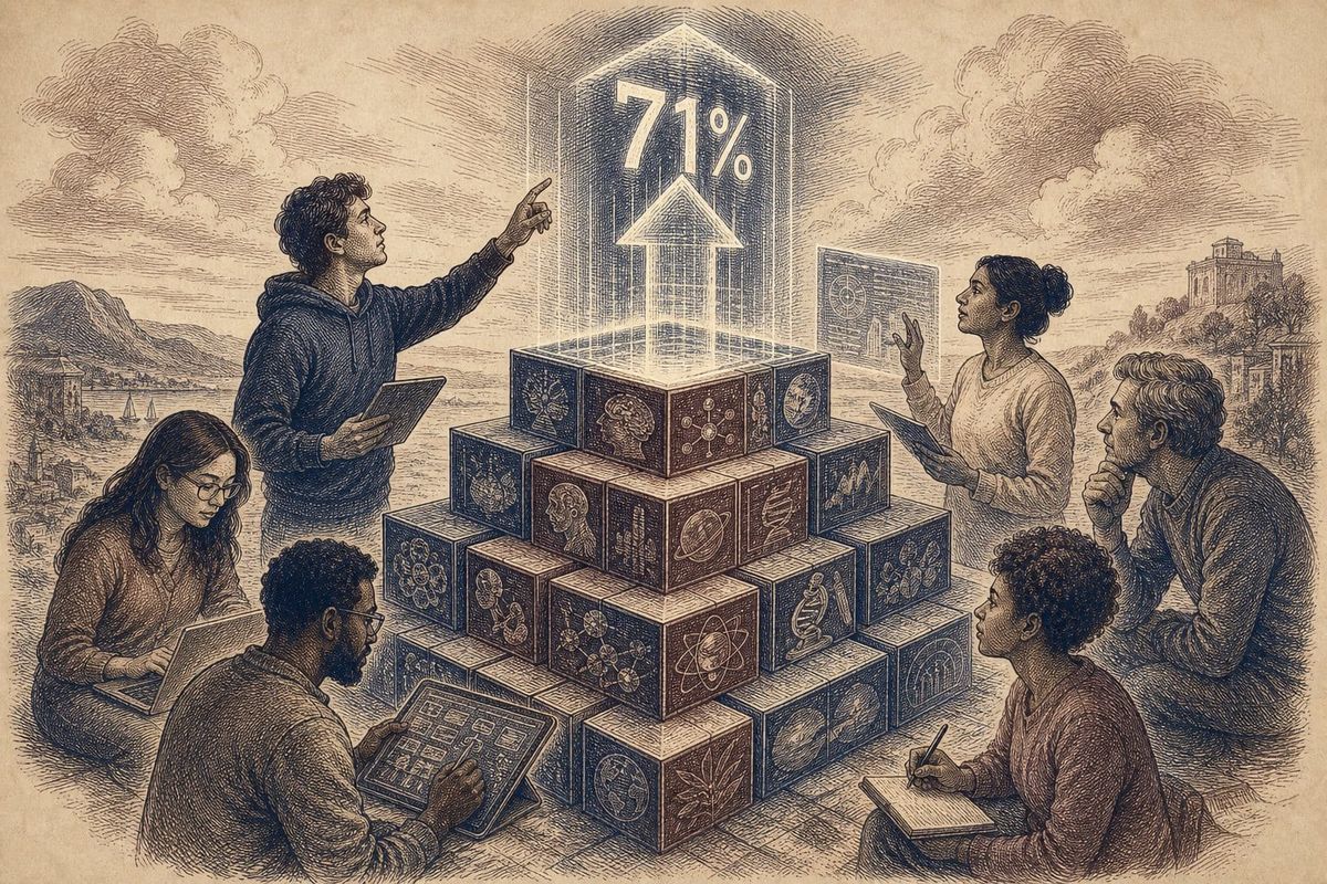Vintage steel engraving of a research pyramid with academic logos and a rising arrow.
