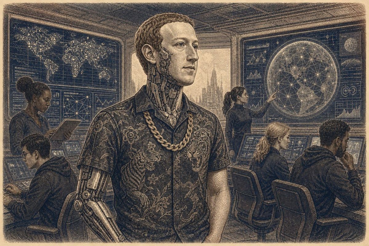 Vintage steel engraving of a cyborg Zuckerberg in a futuristic command center.