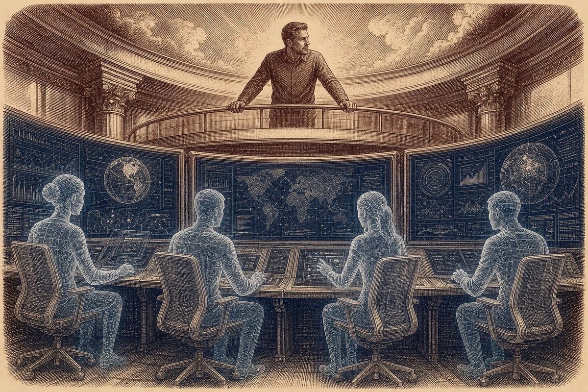 Vintage steel engraving of translucent AI figures at workstations overseen by a human in a command center.