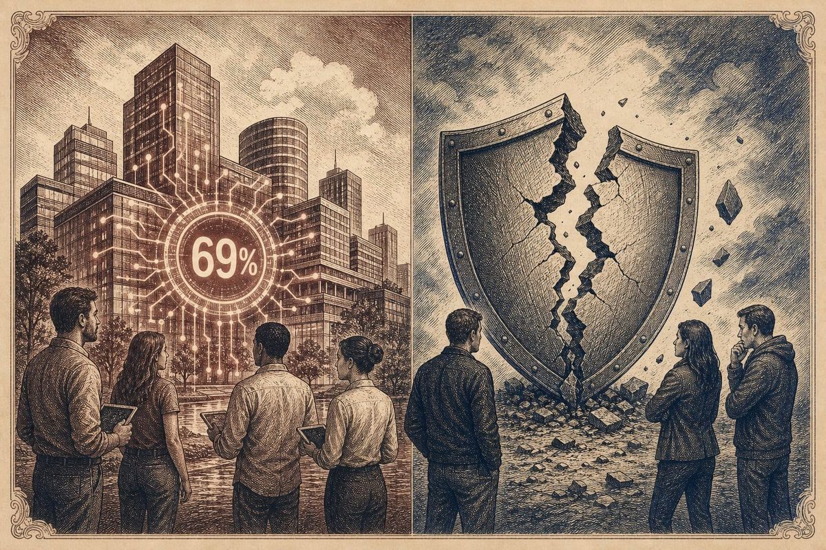 Vintage steel engraving of glowing smart buildings contrasted with a broken security shield.