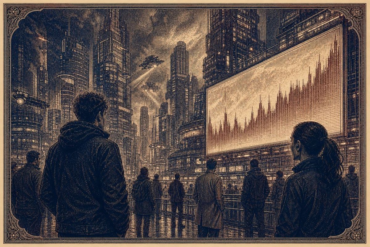 Vintage steel engraving of a cyberpunk city skyline with glowing skyscrapers.