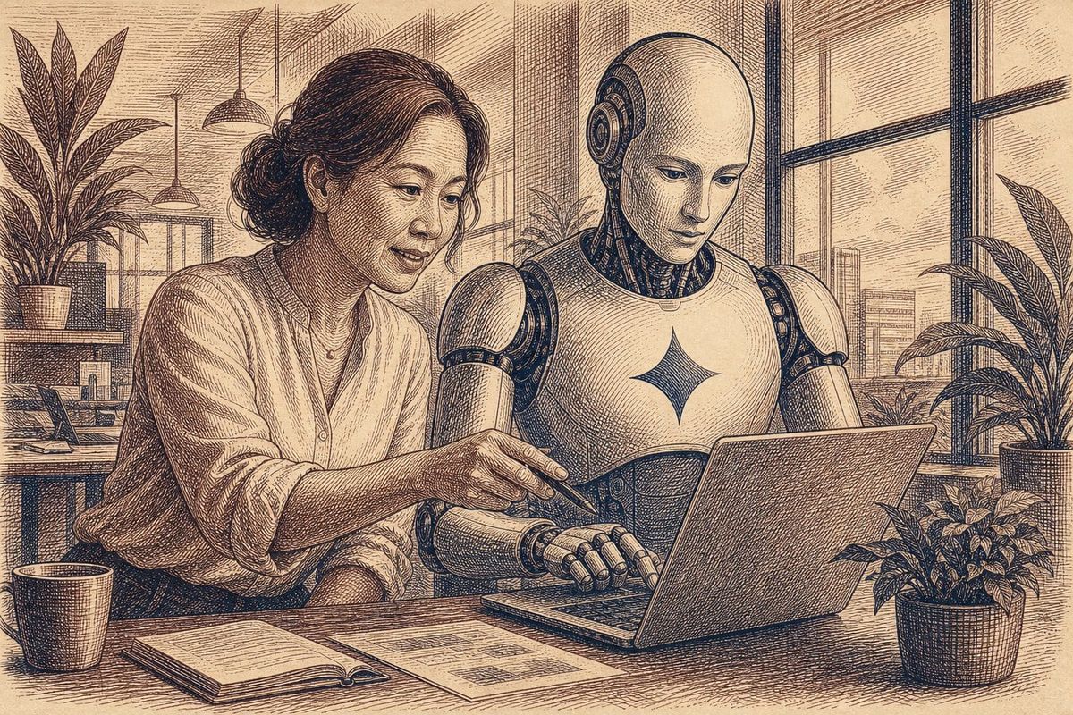 Vintage steel engraving of an Asian woman collaborating with a humanoid AI robot in a modern office.