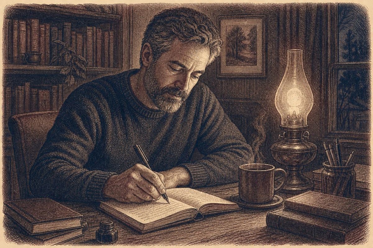 Vintage steel engraving of a middle-aged man writing in a journal by lamplight at a book-lined desk.