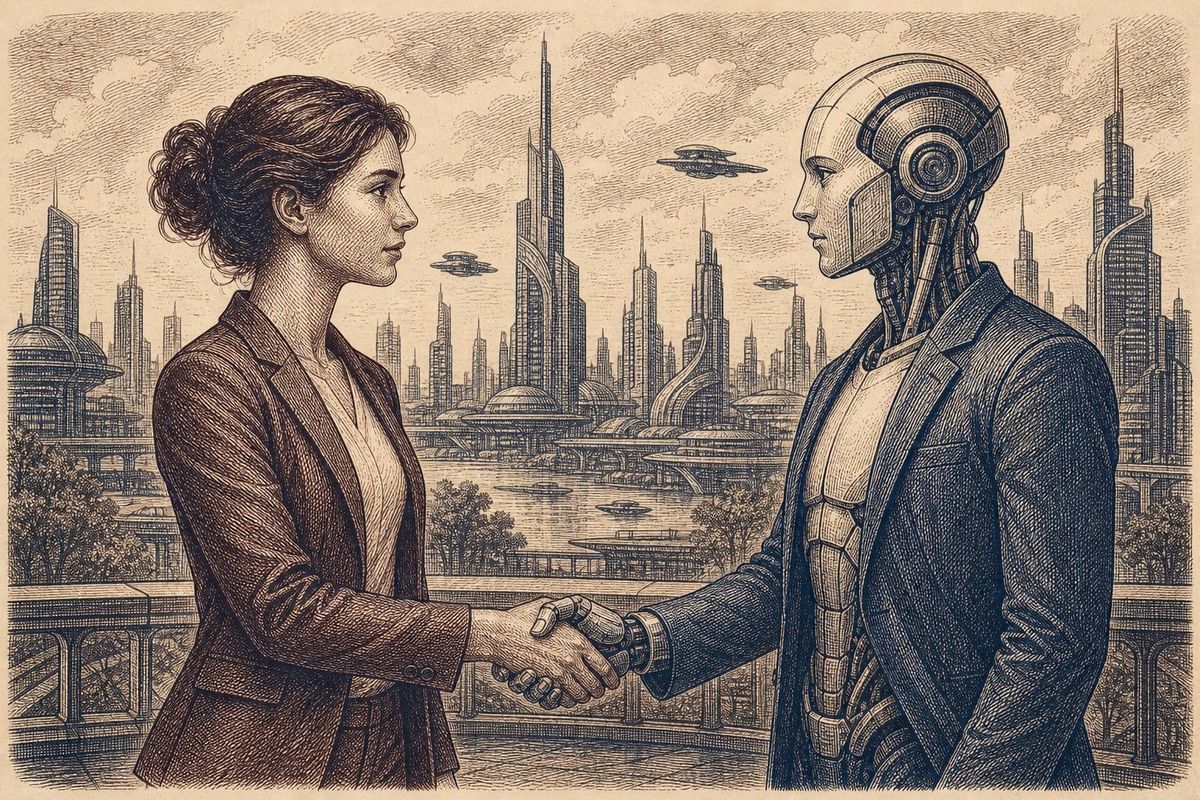 Vintage steel engraving of a woman and humanoid AI robot facing each other in a futuristic city.