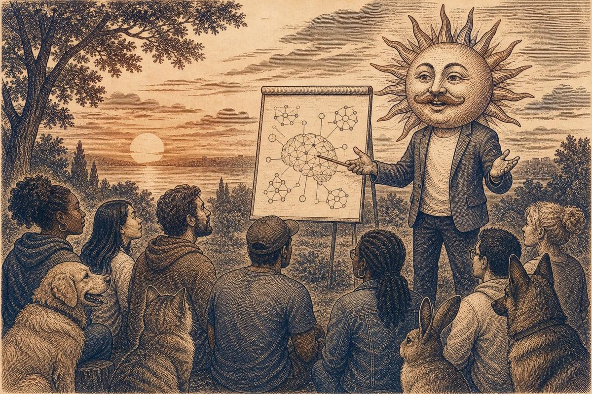 Vintage steel engraving of a Sun character giving a presentation to a diverse audience outdoors.