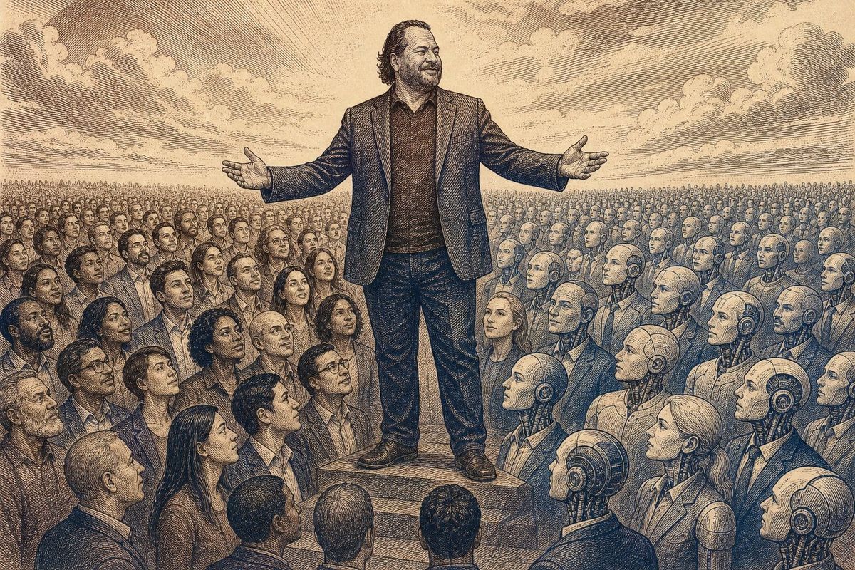 Vintage steel engraving of Marc Benioff overlooking a crowd of human workers and AI agents in business attire.