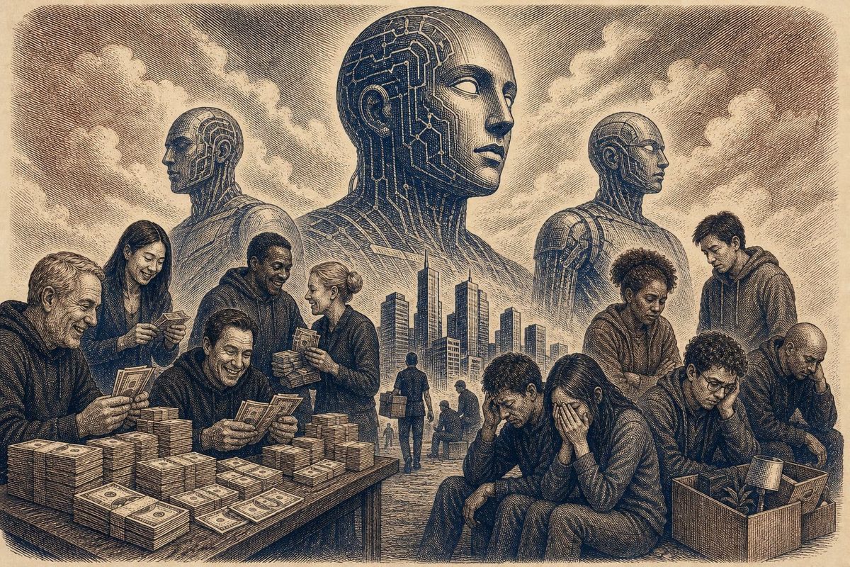 Vintage steel engraving of billionaires counting cash while laid-off workers mourn beneath towering AI figures.