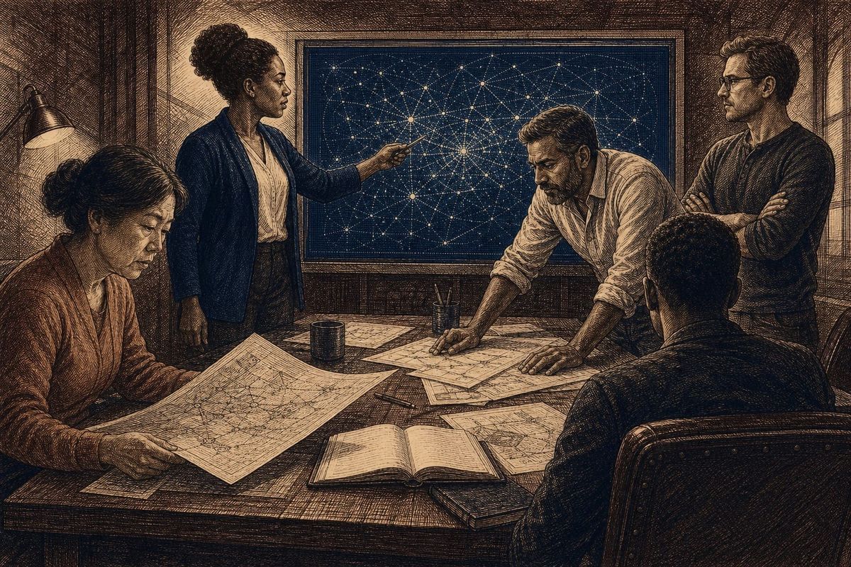 Five diverse professionals around a conference table with papers and a glowing network diagram. Vintage etching style, collaborative atmosphere.