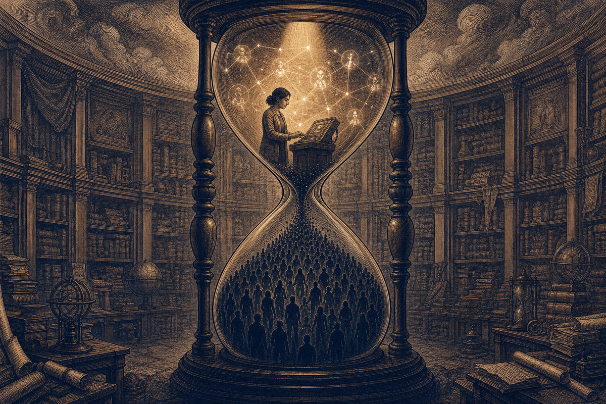 Vintage engraving: solo founder at console inside hourglass, team silhouettes filling lower chamber.