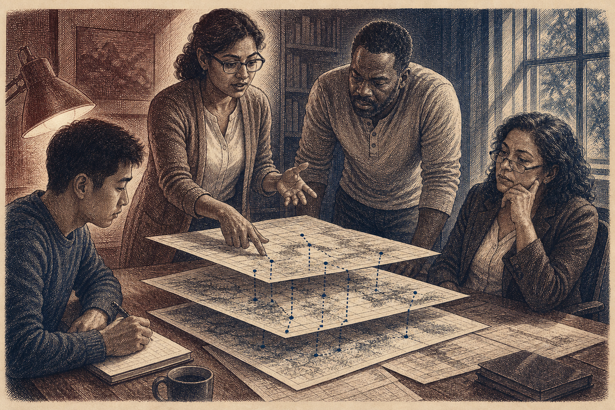 Vintage steel engraving on parchment of four diverse professionals around a conference table, one standing and gesturing at layered papers with connecting dotted lines