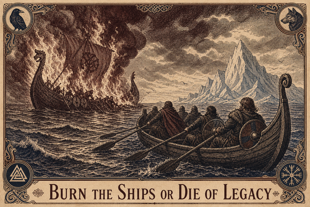 Vintage engraving of a Viking ship burning at sea