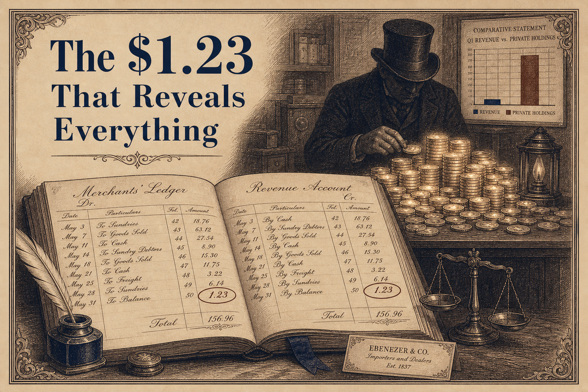 Vintage engraving of a ledger where hidden token piles dwarf the revenue column