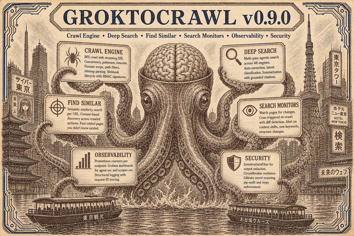 A vintage steel engraving of a kaiju octopus with an exposed brain rising from Tokyo Harbor, six tentacles holding engraved feature signs for GroktoCrawl v0.9.0