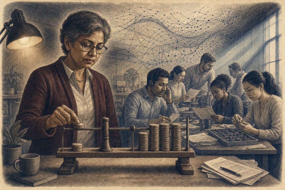 Operations leader weighs costs while customer-service and quality teams work beneath an AI data mesh.