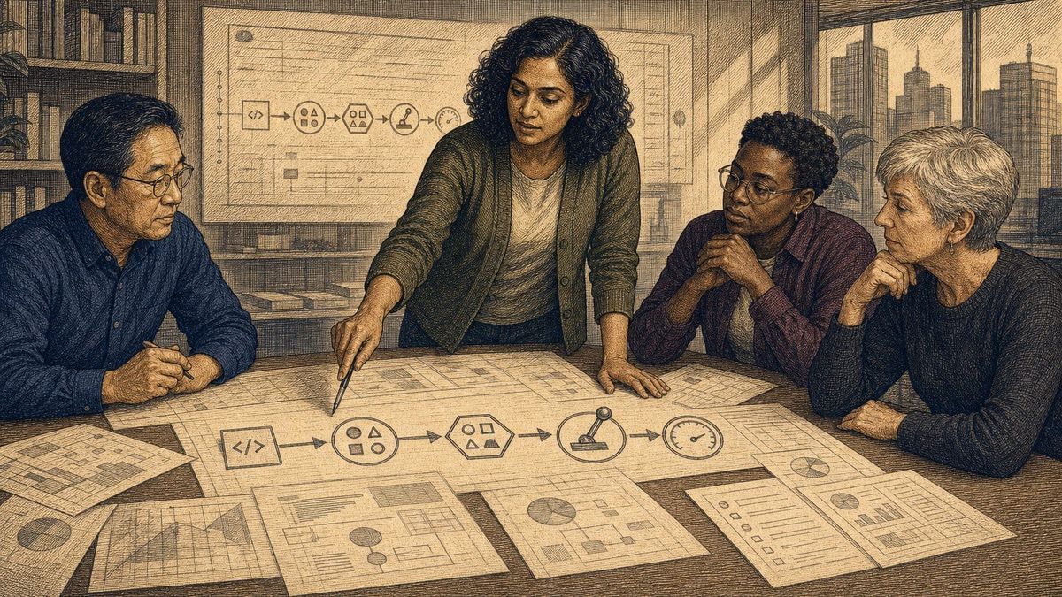 Four engineers map a code change through review, testing, release, and feedback checkpoints.