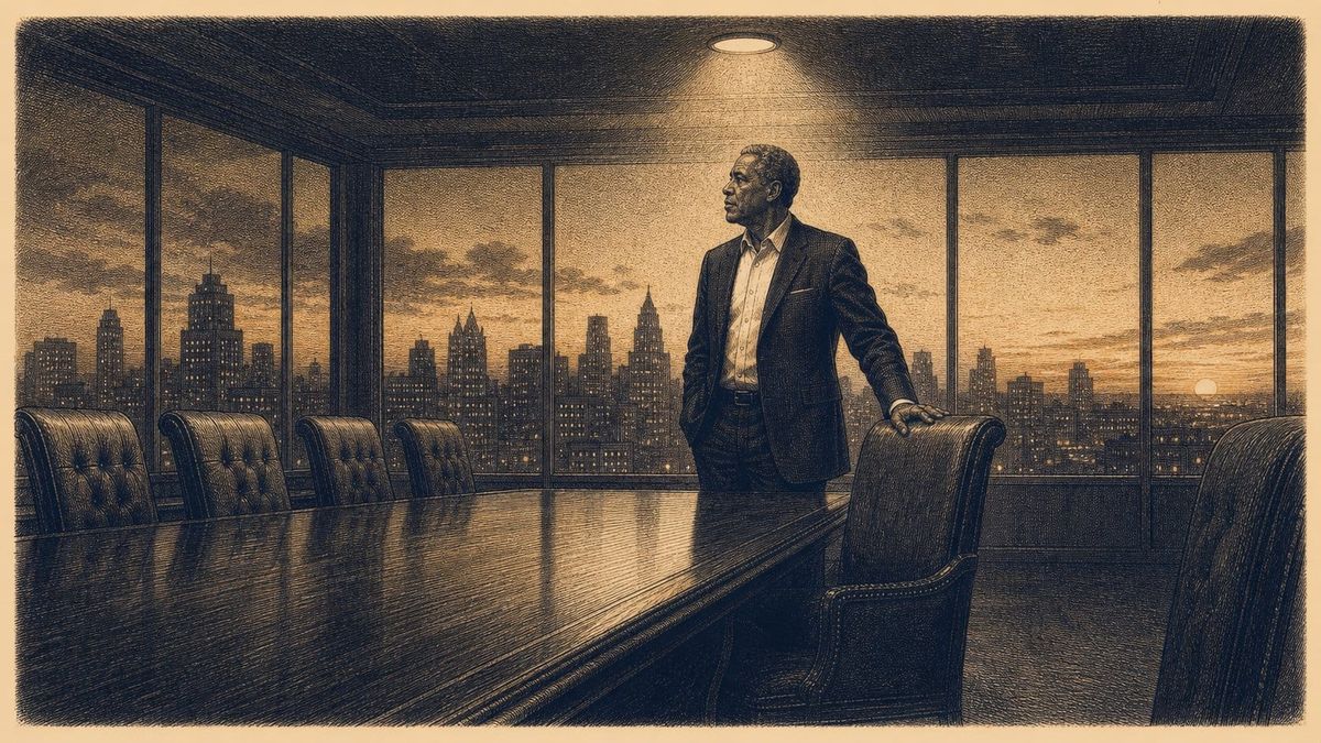 Vintage steel engraving of a Black man in his 50s in a dark blazer, hand resting on an empty boardroom chair, long table receding toward dusk-lit windows