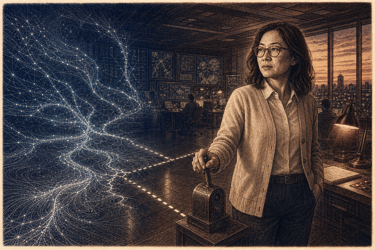 Engraved illustration of a woman engineer holding a control lever, facing a luminous branching AI form that has spread past a fragile dotted boundary line.
