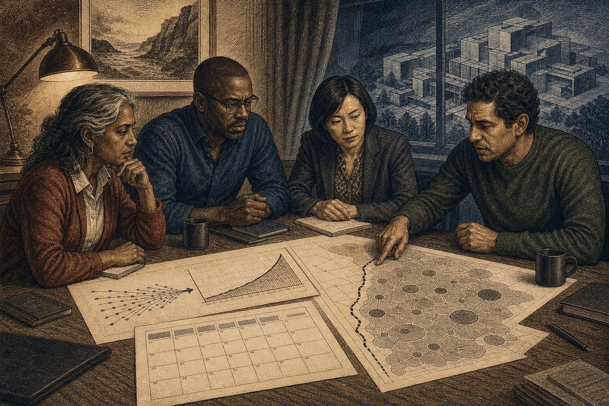 Four leaders review a cost curve and a service map at a conference table.