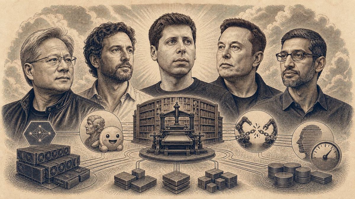 Engraved collage of Jensen Huang, Clément Delangue, Sam Altman, Elon Musk, and Sundar Pichai around a press symbolizing AI platform power.