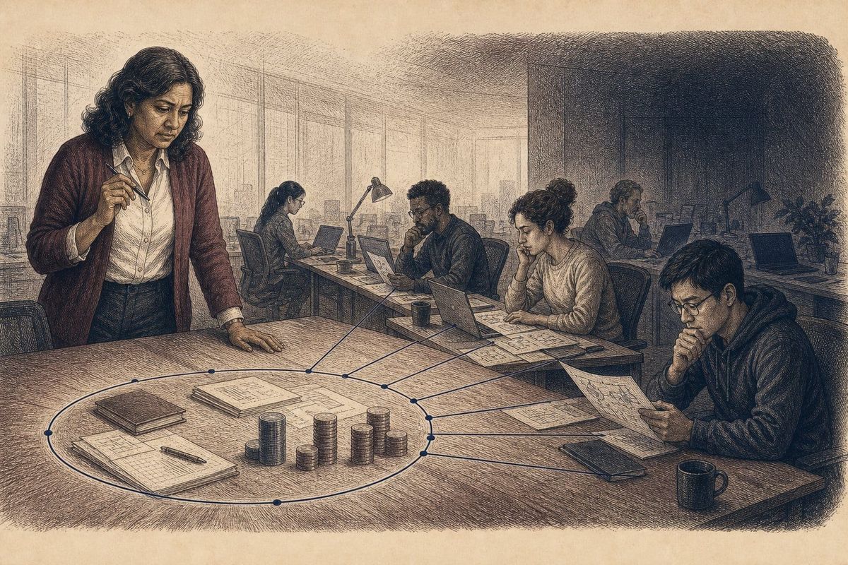 A CTO stands beside a circular budget boundary while software engineers work beyond it, showing AI cost controls that may restrict experimentation.