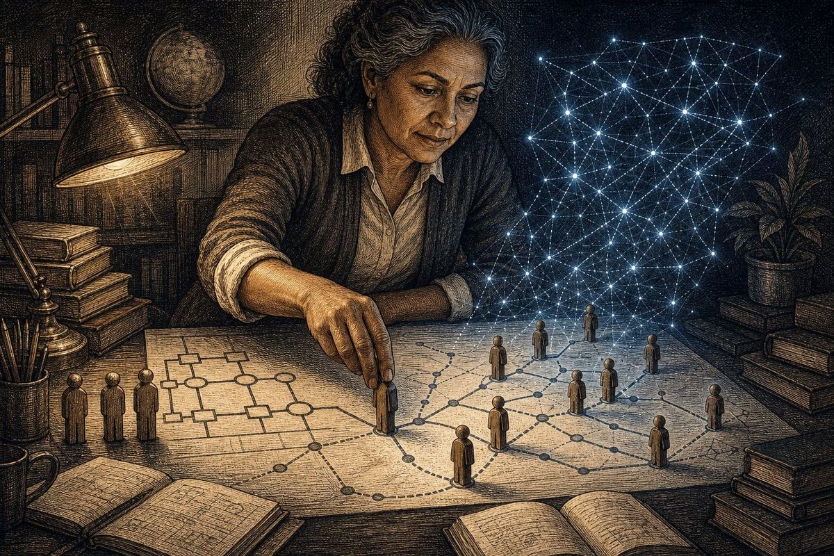 An older woman moves wooden figures from a rigid grid into branching paths while a constellation-like AI illuminates new roles.