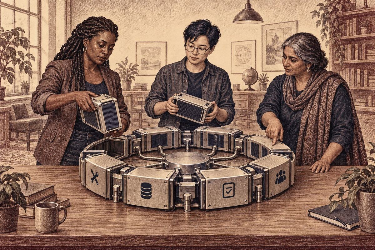 Three people swap model engines around a shared orchestration ring with fixed tool, memory, evaluation, and approval ports.