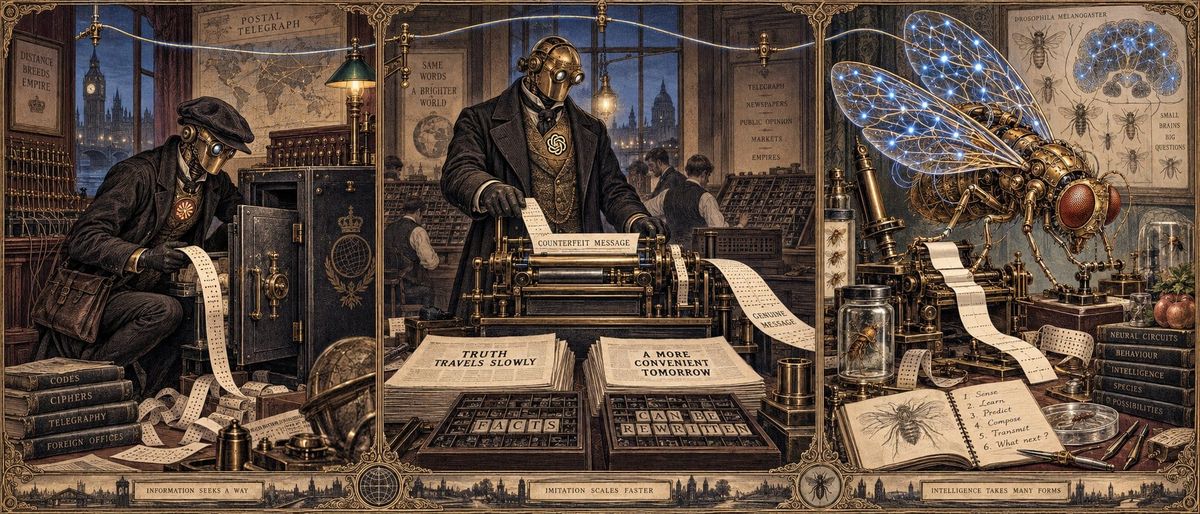 A Victorian triptych shows brass Claude and ChatGPT androids caught in telegraph crimes beside a cybernetic fruit fly.