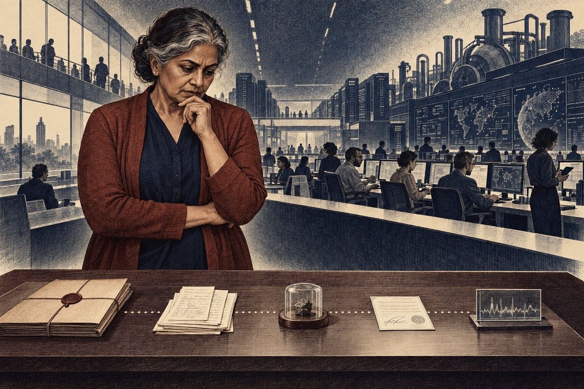 A reviewer examines policy papers, journal pages, a signed receipt, and an observation trace in an AI operations room.