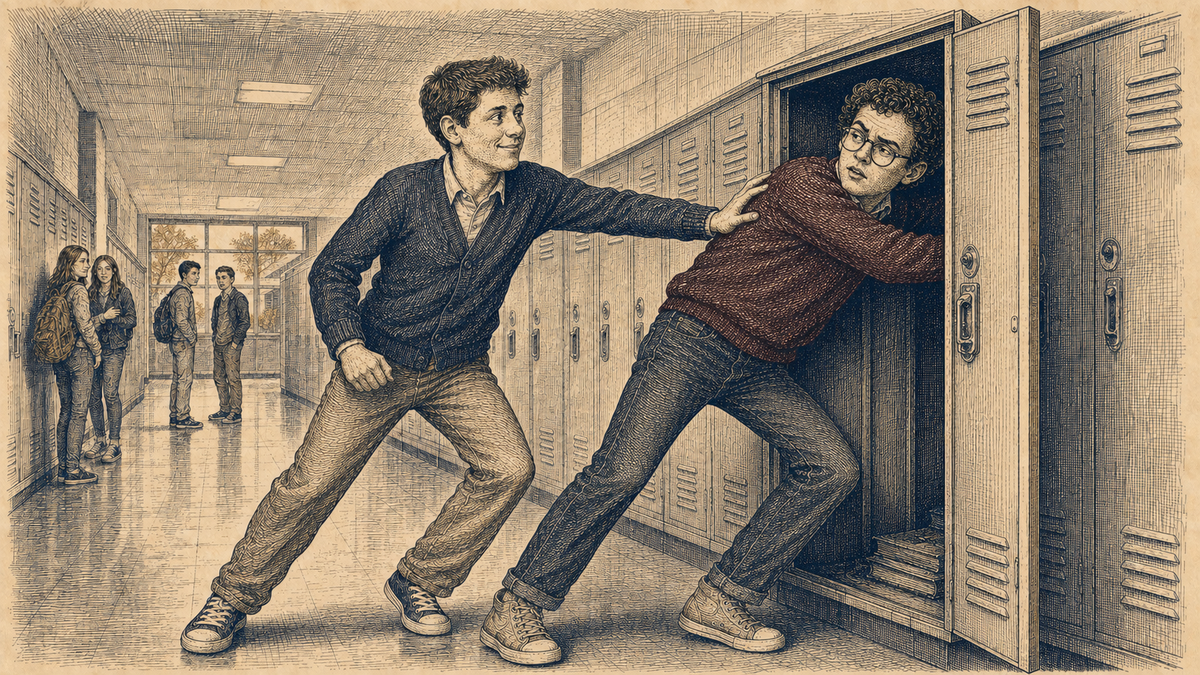 Engraved school hallway scene of caricatured teenage Sam Altman pushing Dario Amodei partway into an open locker in a playful corporate-rivalry metaphor.
