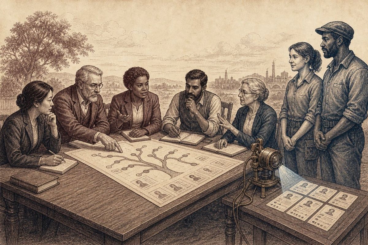 Seven people review a branching portrait diagram as a brass projector beams star-rated candidate profiles in a vintage engraving.