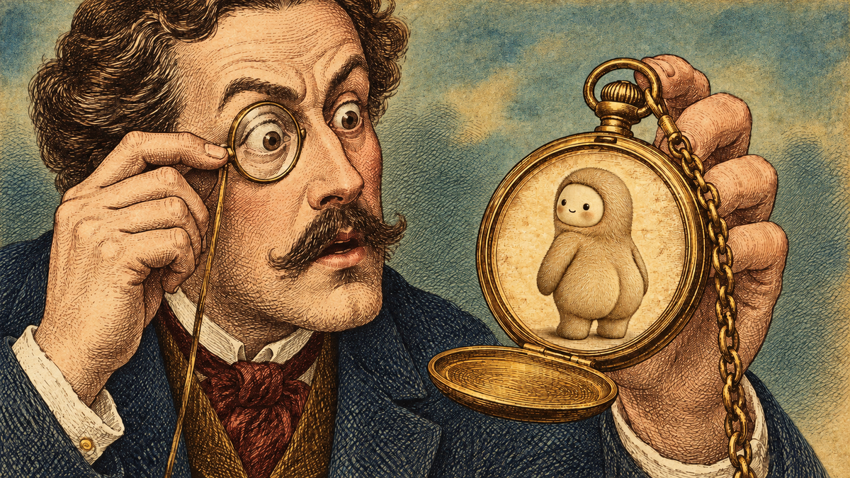 A startled man peers through a monocle at a fuzzy, round character on a chained pocket-watch screen.