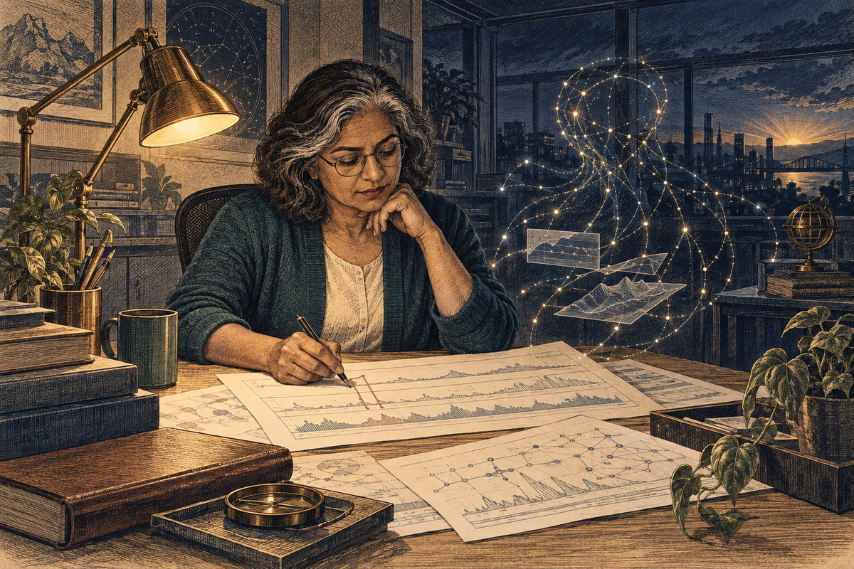 A South Asian reliability engineer studies incident traces at her desk as a constellation-like agent offers evidence beside her.