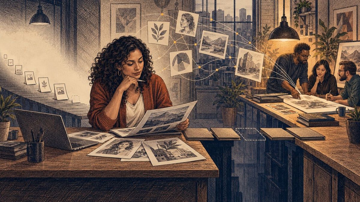 A freelancer reviews portfolio samples beside a small team working on a larger project across a visual gap.
