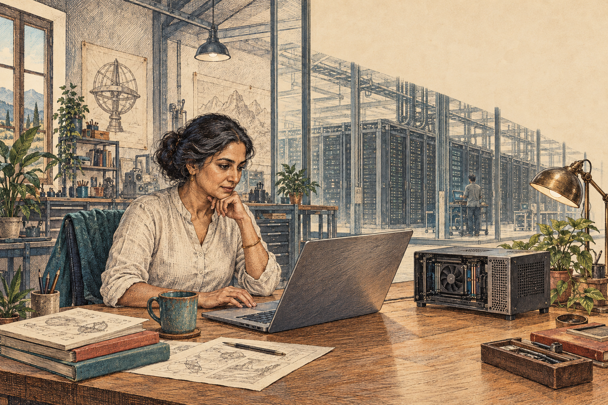 An engineer uses a laptop and compact GPU workstation, with larger server racks behind glass, rendered as a hand-colored engraving.