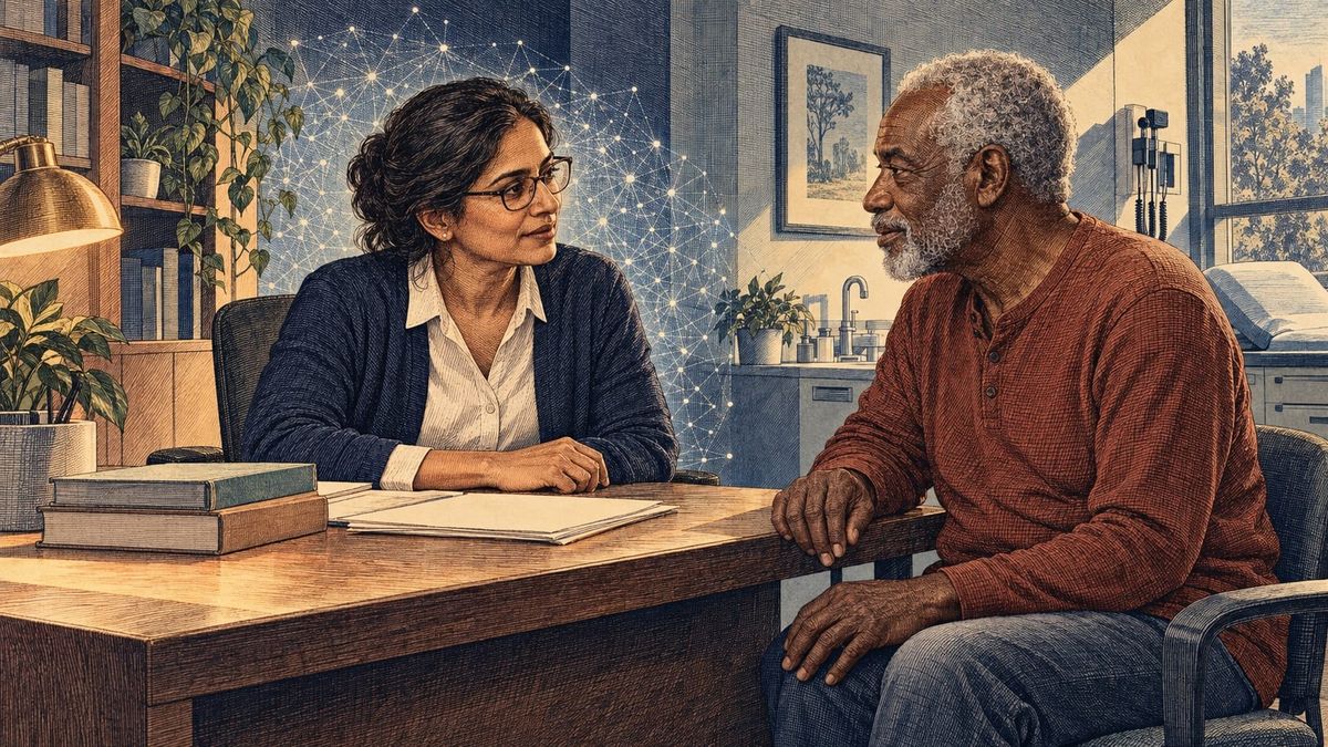 A vintage engraved clinical office: a woman physician at a desk turns toward an older man beside her as a fine-line navy data-form glows among the papers and books.