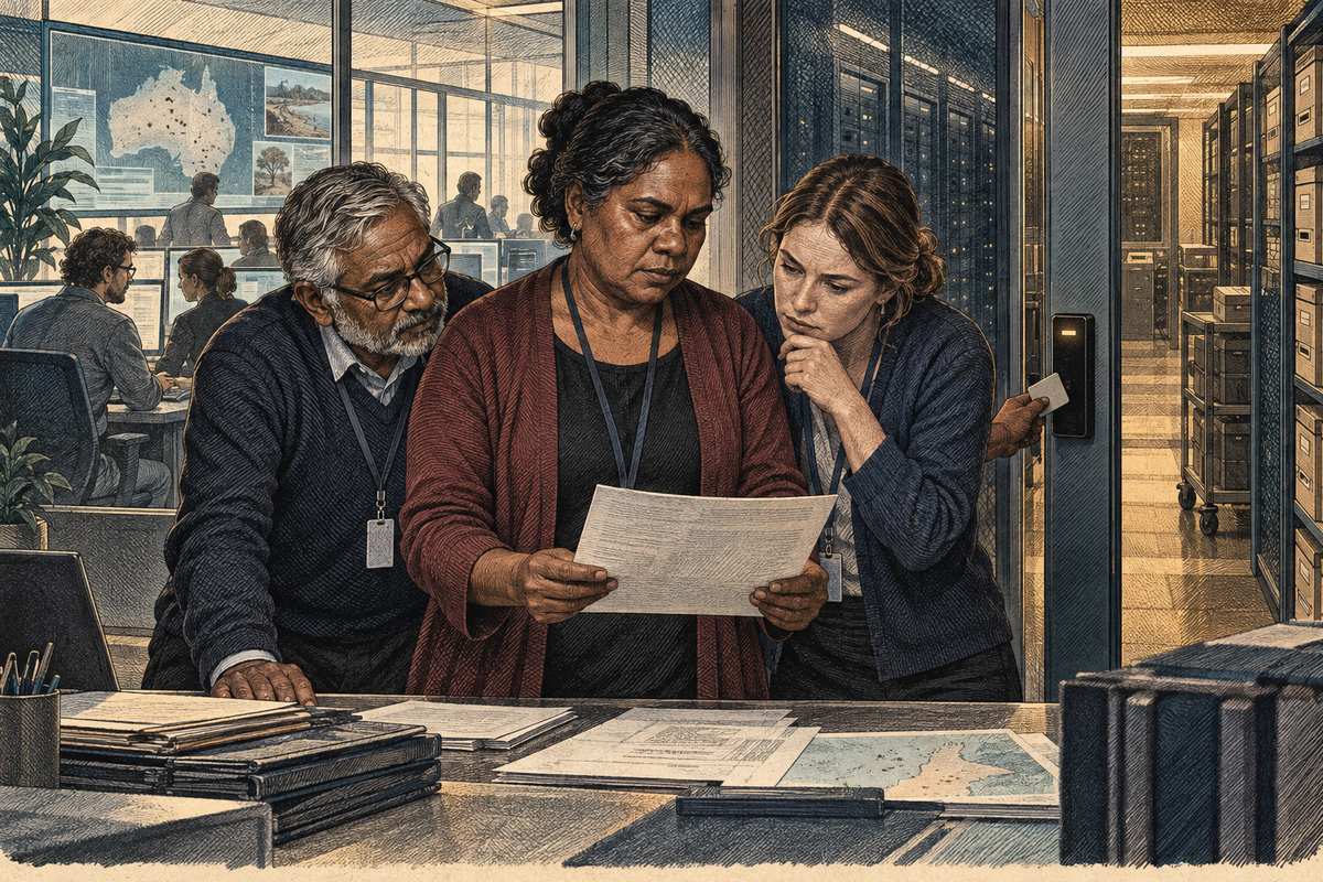 Three public-service analysts review records and incident documents beside a controlled access point.