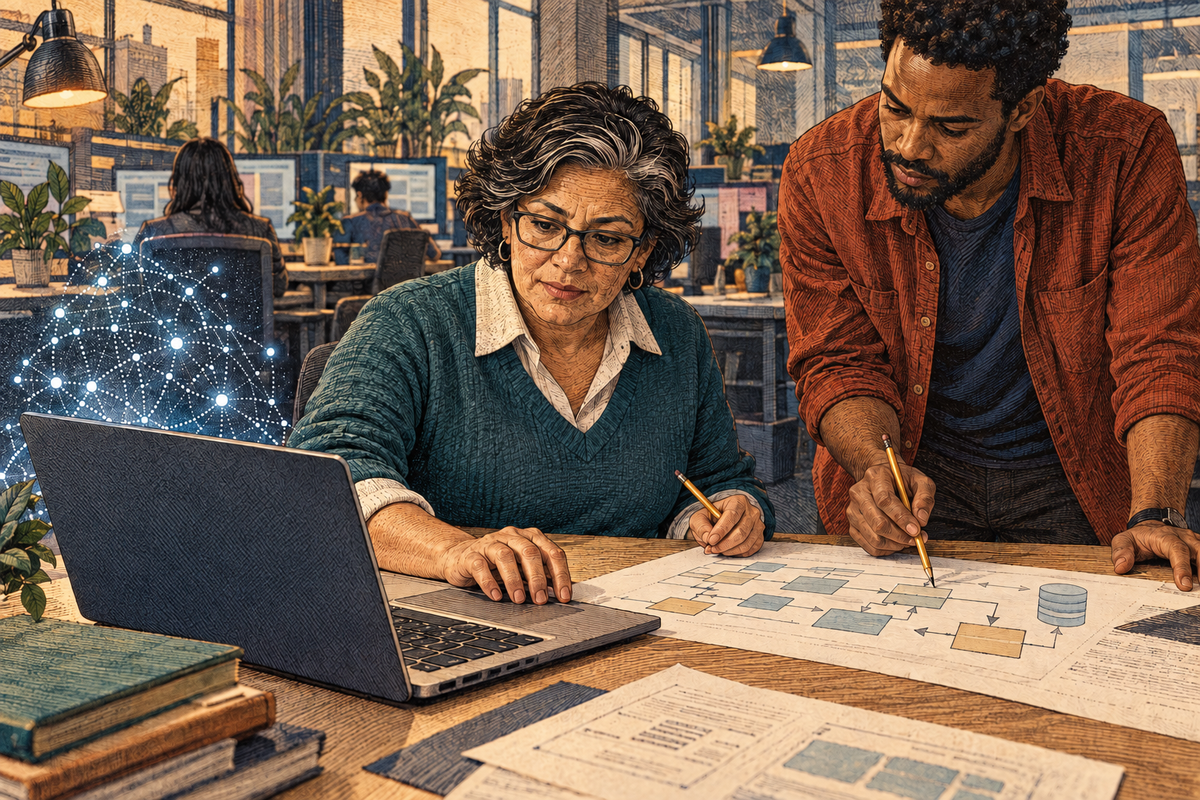 A commercial professional builds a tool while an engineer beside her reviews its connections to company systems.